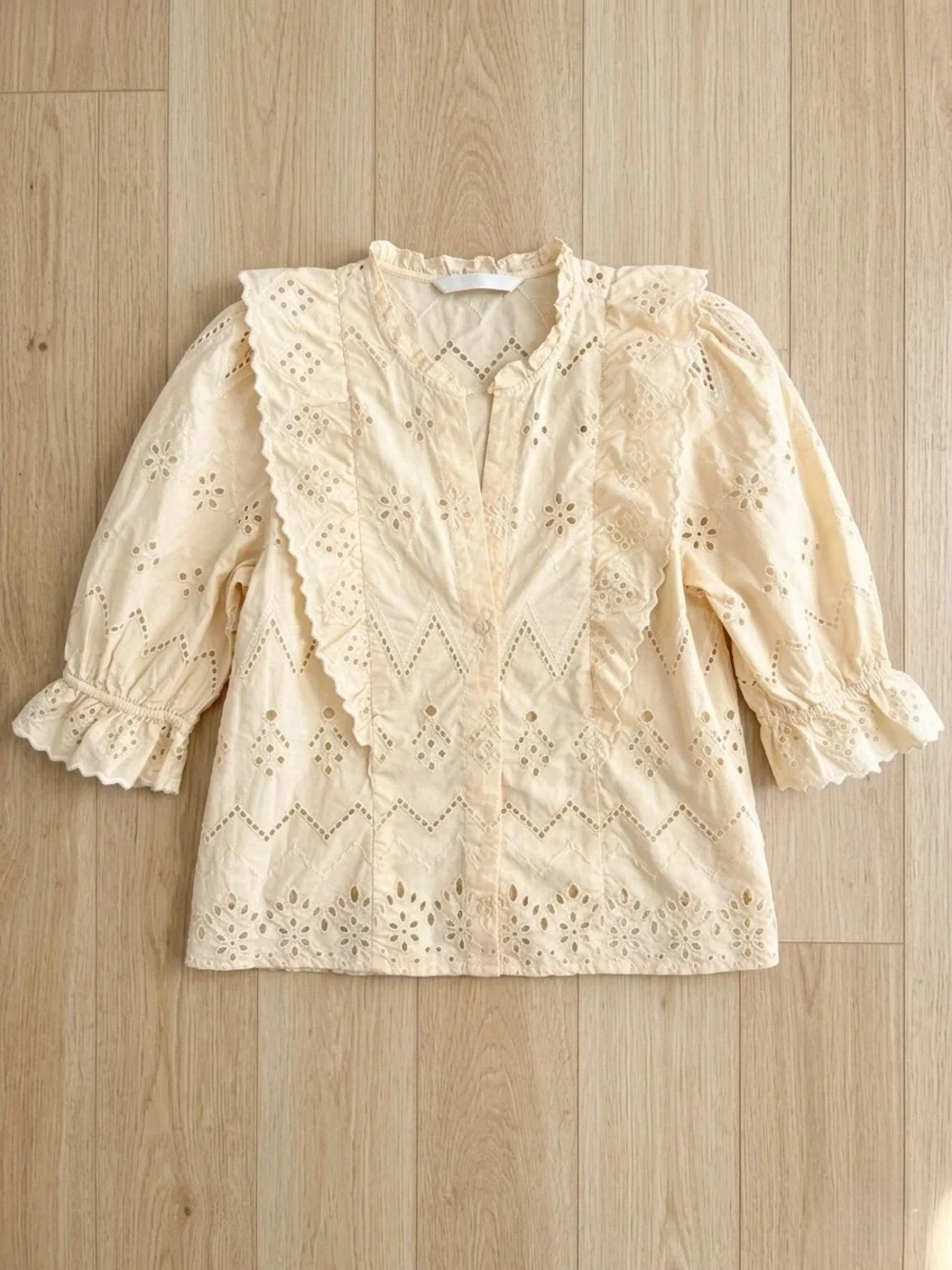 Zara Cream Eyelet Lace Ruffle Blouse Small - Romantic Cottagecore Button Up Top